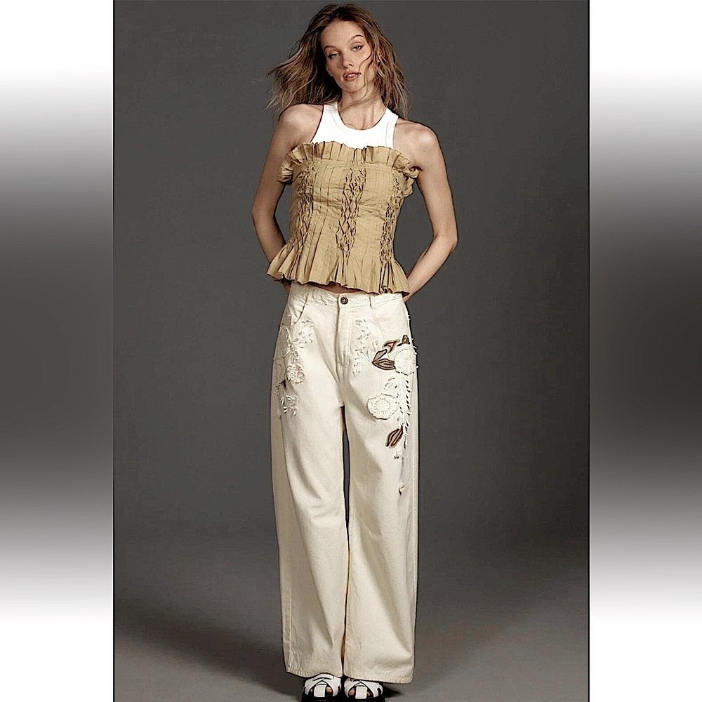 Pilcro Cream Wide-Leg Embroidered Pants